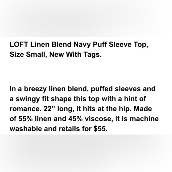 NWT Loft Linen Blend Puff Sleeve Top Small - Picture 10 of 11